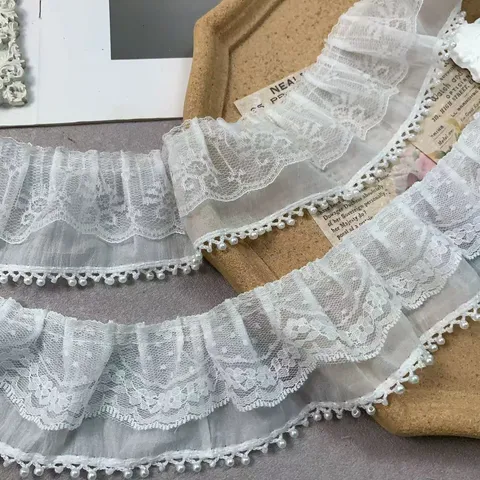Double Layered Chiffon Pearl Lace Trim White Ruffle Ribbon With Tassel Beads For Wedding Dress DIY Craft Clothing Sewing Accessories