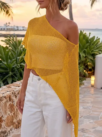 Poncho de Punto Calado Sexy para Mujer Torera de Triángulo Irregular Asimétrica Cubre-bañador de Playa de Ganchillo Top de Punto de Poliéster Sin Mangas