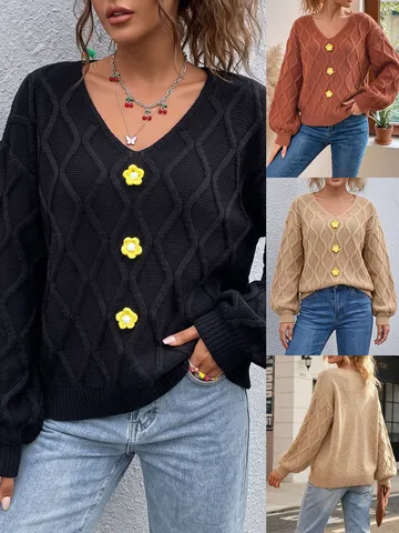Damen American Vintage V-Ausschnitt Zopfmuster Pullover Rautenmuster 3D Blumen Laternenärmel Polyester Lässig Winter Top