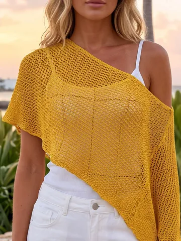 Poncho de Punto Calado Sexy para Mujer Torera de Triángulo Irregular Asimétrica Cubre-bañador de Playa de Ganchillo Top de Punto de Poliéster Sin Mangas