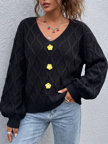 Damen American Vintage V-Ausschnitt Zopfmuster Pullover Rautenmuster 3D Blumen Laternenärmel Polyester Lässig Winter Top