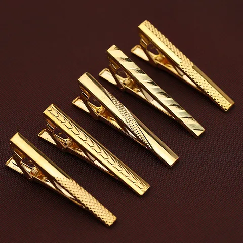 Men Business Formal Gold Iron Tie Clip Simple Geometric Engraved Pattern Rhinestone Inlaid Metal Tie Bar For Suit Wedding Party Jewelry Accessory