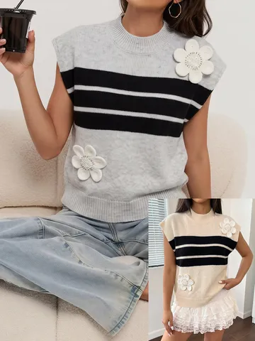 Chaleco de Punto Sin Mangas Informal para Mujer Patchwork a Rayas Con Flores 3D Y Bordado de Perlas Chaleco de Pulóver de Moda para el Diario