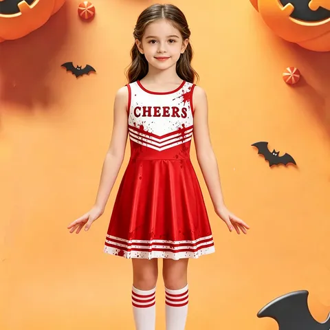 Kids Girl Halloween Bloody Splatter Cheerleader Costume Set Printed Sleeveless Dress With Pom Poms Socks Performance Outfit