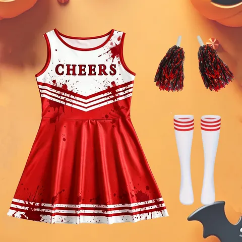 Kids Girl Halloween Bloody Splatter Cheerleader Costume Set Printed Sleeveless Dress With Pom Poms Socks Performance Outfit