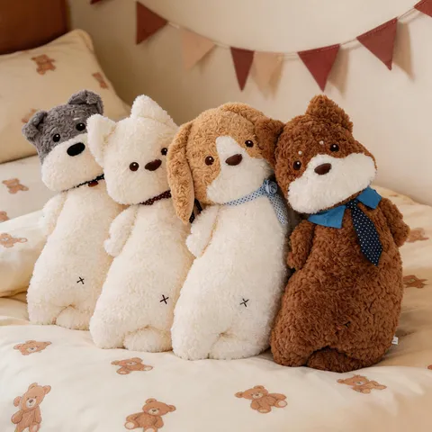 Peluche Cachorro Almohada Larga Lindo Animal de Peluche Perro Muñeca Lazo Juguete Suave Cama Compañero de Sueño Decoración Regalo