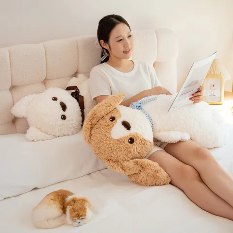 Peluche Cachorro Almohada Larga Lindo Animal de Peluche Perro Muñeca Lazo Juguete Suave Cama Compañero de Sueño Decoración Regalo