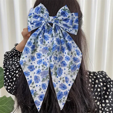 Chiffon Bloem Strik Haarspeld Elegante Lange Staart Veerclip Haaraccessoires Voor Vrouwen Meisjes Dagelijkse Styling Haarjuwelen