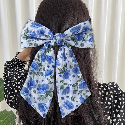 Chiffon Bloem Strik Haarspeld Elegante Lange Staart Veerclip Haaraccessoires Voor Vrouwen Meisjes Dagelijkse Styling Haarjuwelen