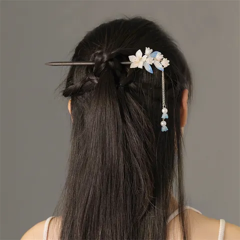 Vintage Bloemen Kwast Haarstift Chinese Stijl Hanfu Haarnadel Elegante Hars Bloem Parel Haaraccessoires Voor Vrouwen