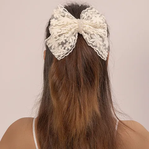 Vrouwen Zoete Kant Strik Haarspeld Elegante Parel Veerclip Mode Haaraccessoires Voor Dagelijks Feest Haarstyling