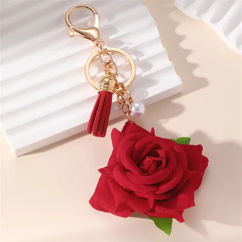 Rode Roos Bloem Kwastje Parel Sleutelhanger Legering Tas Bedel Zoete Stijl Vrouwen Sieraden