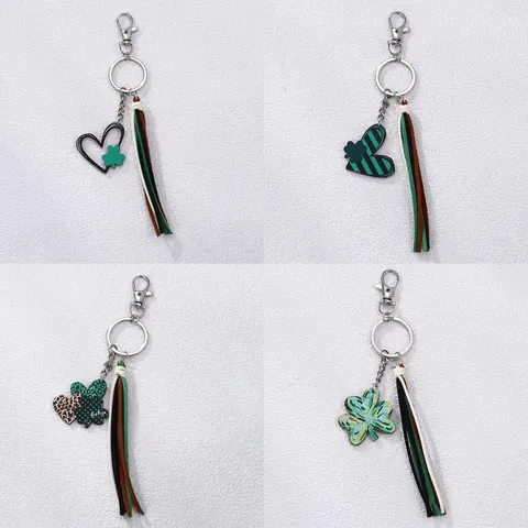 St. Patricksdag Klaver Sleutelhanger Groen Hart Leren Kwastje Sleutelhanger Leuke Tas Bedel Auto Sleutelring Vrouwen Sieraden Cadeau