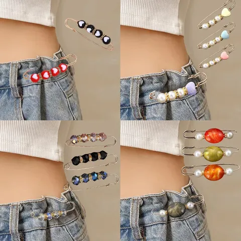 Alloy Safety Pin Brooch With Artificial Pearl Rhinestone Small Daisy Heart Crystal Beads Women Pants Waist Jewelry