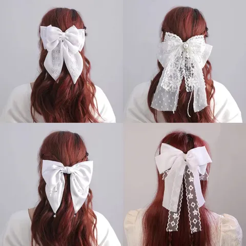 Wit Stof Strik Haarspeld Bruid Kant Lang Lint Haaraccessoires Voor Vrouwen Bruiloft Feest