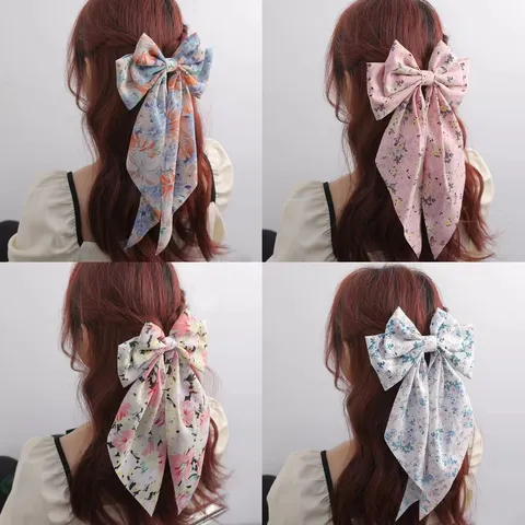 Franse Stijl Strik Lange Lint Lente Haarspeld Zoete Bloemen Stof Haarspeld Voor Vrouwen Dagelijkse Haaraccessoires