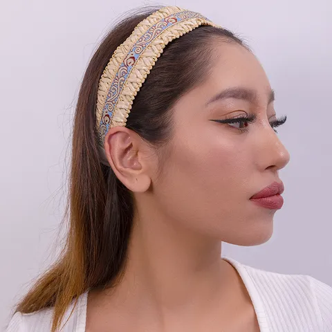 Bohemio Bordado Étnico Paja Tejida Diadema Ancha Vintage Accesorios De Cabello Casual Para Mujeres