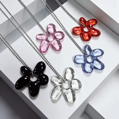 Glazed Glass Flower Pendant Necklace Sweet Elegant Floral Sweater Chain Beaded Link Fashion Jewelry Gift For Women