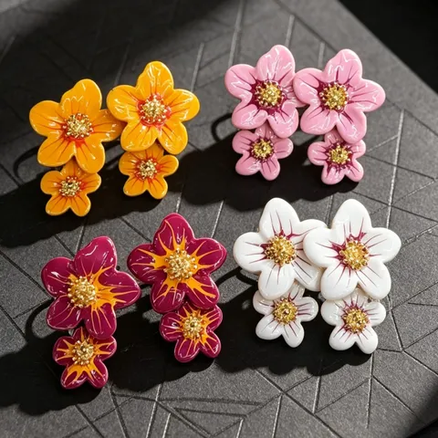 French Vintage Colorful Drip Oil Floral Stud Earrings With 925 Sterling Silver Earring Post Elegant Flower Jewelry For Women