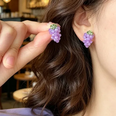 Handmade Grape Stud Earrings Resin Crystal Fruit Earrings With 925 Sterling Silver Post Sweet Cute Jewelry For Women