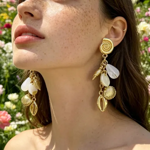 European American Fashion Summer Vacation Conch Shell Tassel Earrings 925 Sterling Silver Earring Post Alloy Artificial Pearl Drop Earrings Women Jewelry