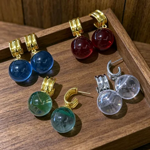 French Retro Monet Garden Colorful Crystal Ball C-Shape Hoop Earrings Glass Ball Stud Earrings Women Fashion Jewelry