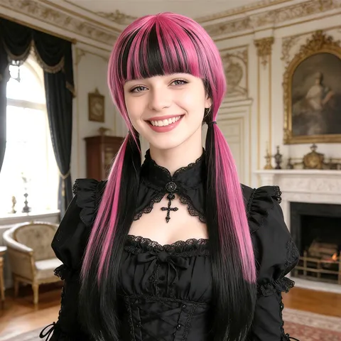 Women Synthetic Long Straight Twin Tails Wig Black And Rose Color Blocked Wig With Bangs Anime Cosplay Costume Wig