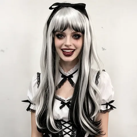 Dark Style Gothic Long Straight Wig With Highlights Bangs And Bow Hairband Black And White Cosplay Party Wig For Women