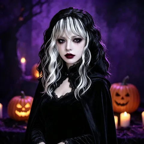 Gothic Black Highlighted Water Wave Bangs Long Wavy Curly Wig Anime Cosplay Halloween Party Hair Wig For Women