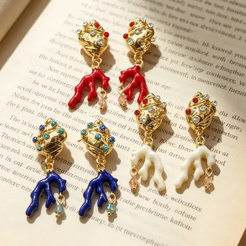 Enamel Conch Coral Shape Dangle Earrings Vintage Alloy Rhinestone Drop Earrings With 925 Silver Post Women Jewelry