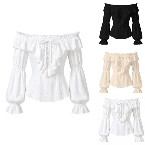 Chemisier Décontracté à Manches Longues pour Femmes Épaules Dénudées Couleur Unie Volants Lacets Slim Fit Élégant