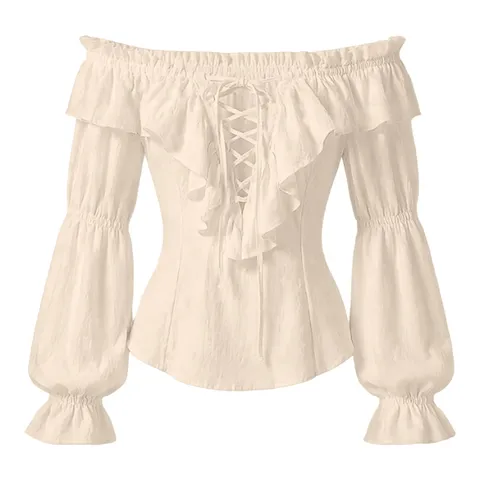Chemisier Décontracté à Manches Longues pour Femmes Épaules Dénudées Couleur Unie Volants Lacets Slim Fit Élégant