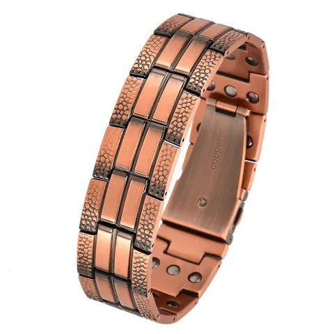 Pure Red Copper Magnetic Bracelet For Men Women Vintage Cracked Design Strap Buckle Triple Row Magnets Health Jewelry