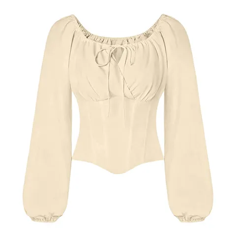 Blouse Rétro Française Manches Longues pour Femmes Col Carré Lacets Coupe Slim Top Décontracté Vêtements de Mode Couleur Unie