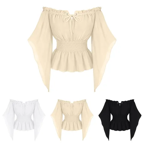 Blouse Vintage Française pour Femme Hors-Épaule Manches Longues Évasées Décontractée Taille Smockée Cordon laçage Couleur unie Haut