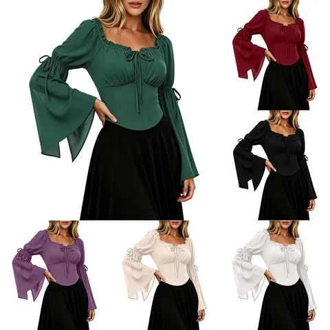 Blouse Femme Style Renaissance Épaules Dénudées Manches Longues Évasées Cordon Taille Casual Couleur Unie Top Rétro