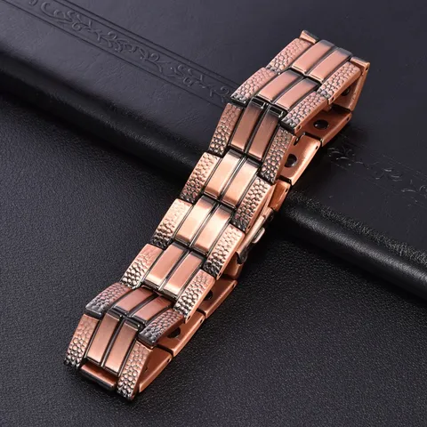 Pure Red Copper Magnetic Bracelet For Men Women Vintage Cracked Design Strap Buckle Triple Row Magnets Health Jewelry