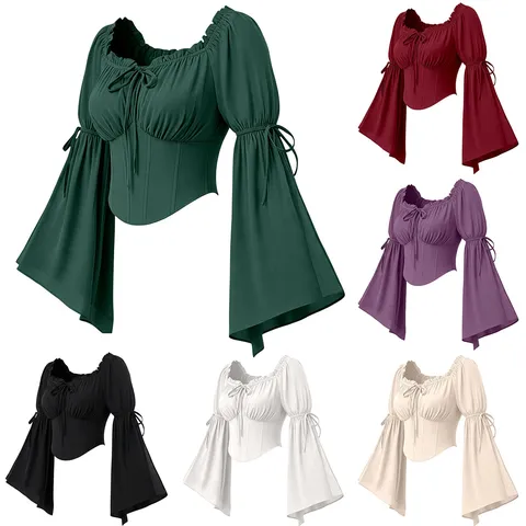 Blouse Femme Style Renaissance Épaules Dénudées Manches Longues Évasées Cordon Taille Casual Couleur Unie Top Rétro