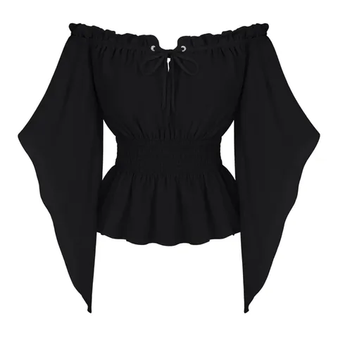 Blouse Vintage Française pour Femme Hors-Épaule Manches Longues Évasées Décontractée Taille Smockée Cordon laçage Couleur unie Haut