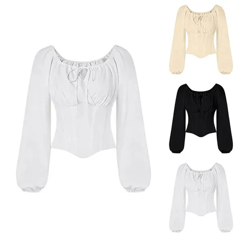 Blouse Rétro Française Manches Longues pour Femmes Col Carré Lacets Coupe Slim Top Décontracté Vêtements de Mode Couleur Unie