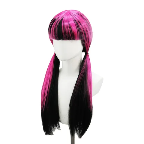 Women Synthetic Long Straight Twin Tails Wig Black And Rose Color Blocked Wig With Bangs Anime Cosplay Costume Wig