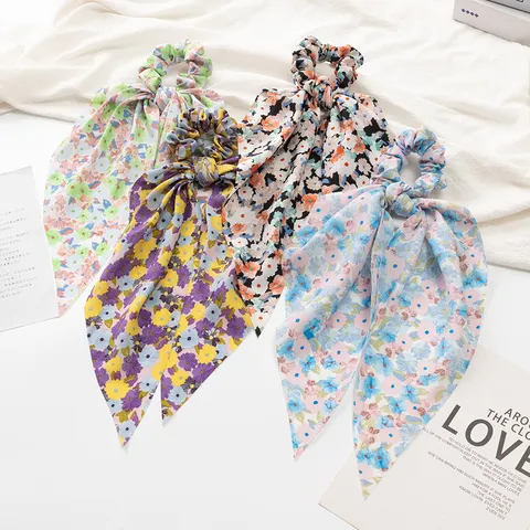 Koreaanse Stijl Bloemenprint Haarelastiek Met Lang Lint Franse Eenvoudige Strik Haarband Haaraccessoires Voor Vrouwen