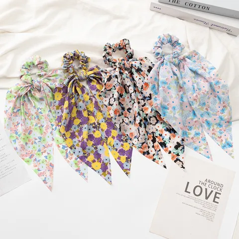 Koreaanse Stijl Bloemenprint Haarelastiek Met Lang Lint Franse Eenvoudige Strik Haarband Haaraccessoires Voor Vrouwen