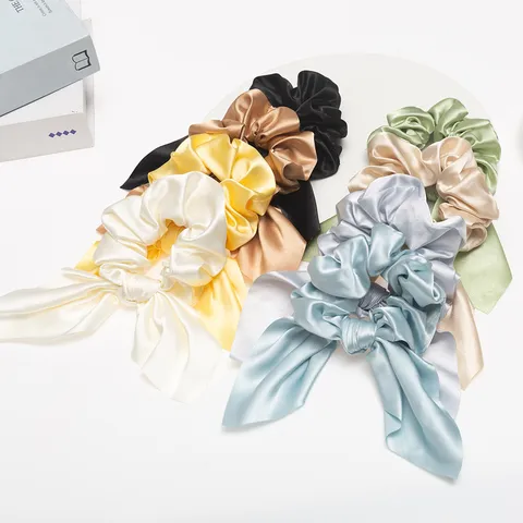 Satijnen Haarelastiekjes Met Streamer Konijnenoren Effen Kleur Elastische Haarbanden Dagelijkse Haaraccessoires Voor Vrouwen