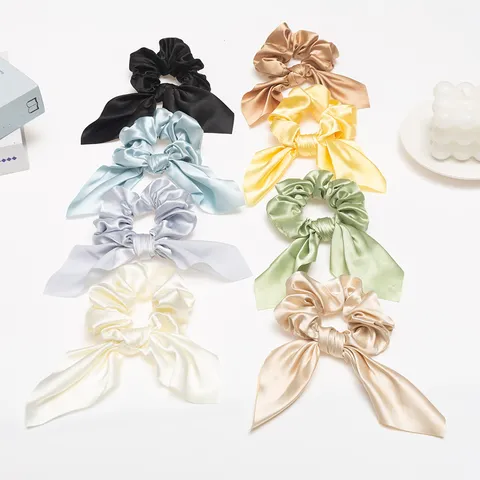 Satijnen Haarelastiekjes Met Streamer Konijnenoren Effen Kleur Elastische Haarbanden Dagelijkse Haaraccessoires Voor Vrouwen
