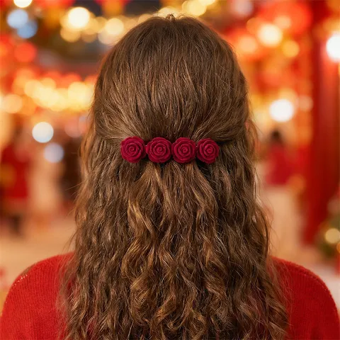 Nieuwjaar Rood Fluweel Bloemen Haarspeld Lente Barrette Voor Vrouwen Meisjes Zoete Bloem Haaraccessoires Haarstyling