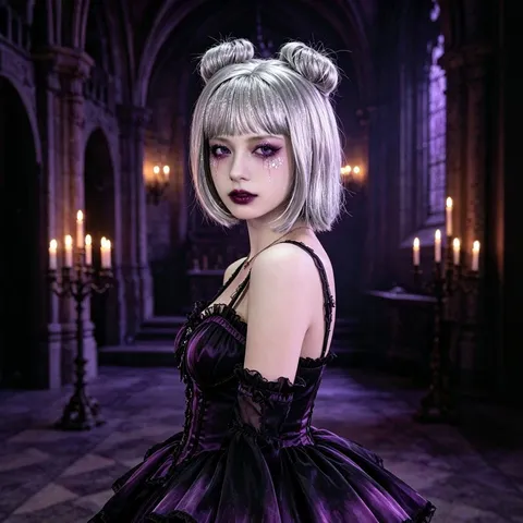 Synthetic Fiber Short Bob Wig With Bangs Double Buns Shiny Wire Wig For Halloween Cosplay Party Women Wig