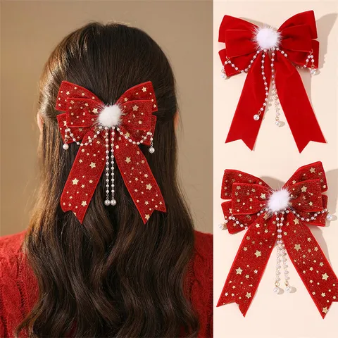 Rode Fluwelen Grote Strik Haarspeld Kunstparel Kwast Pluche Bal Schattige Haarspeldjes Veerklem Vrouwen Haaraccessoires