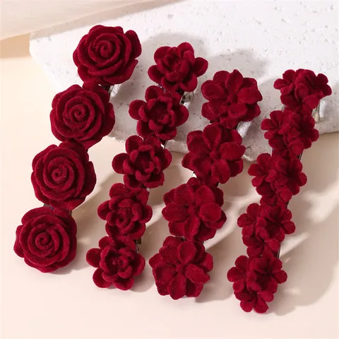 Nieuwjaar Rood Fluweel Bloemen Haarspeld Lente Barrette Voor Vrouwen Meisjes Zoete Bloem Haaraccessoires Haarstyling