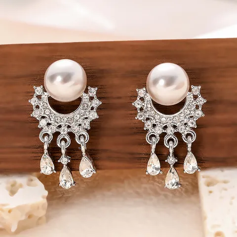 Boucles d'Oreilles Tassel en Métal Strass Perle Artificielle Minimaliste Française Tige en Argent Sterling 925 Bijoux Femmes